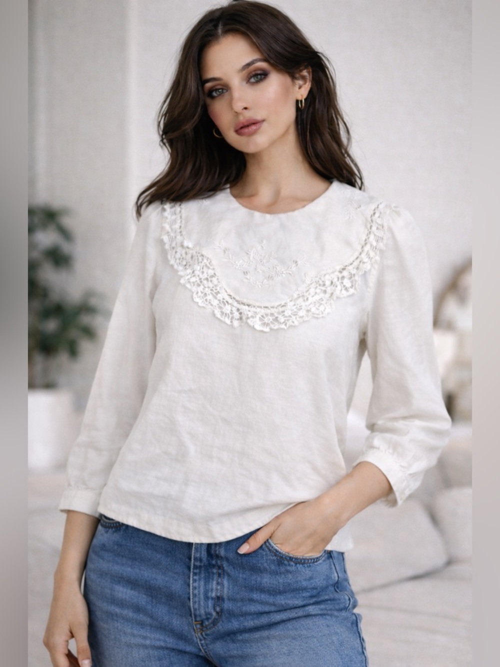 PaperWhite Embroidered Lace Collar White Blouse Button Back Cottagecore Size 10 - Picture 2 of 11